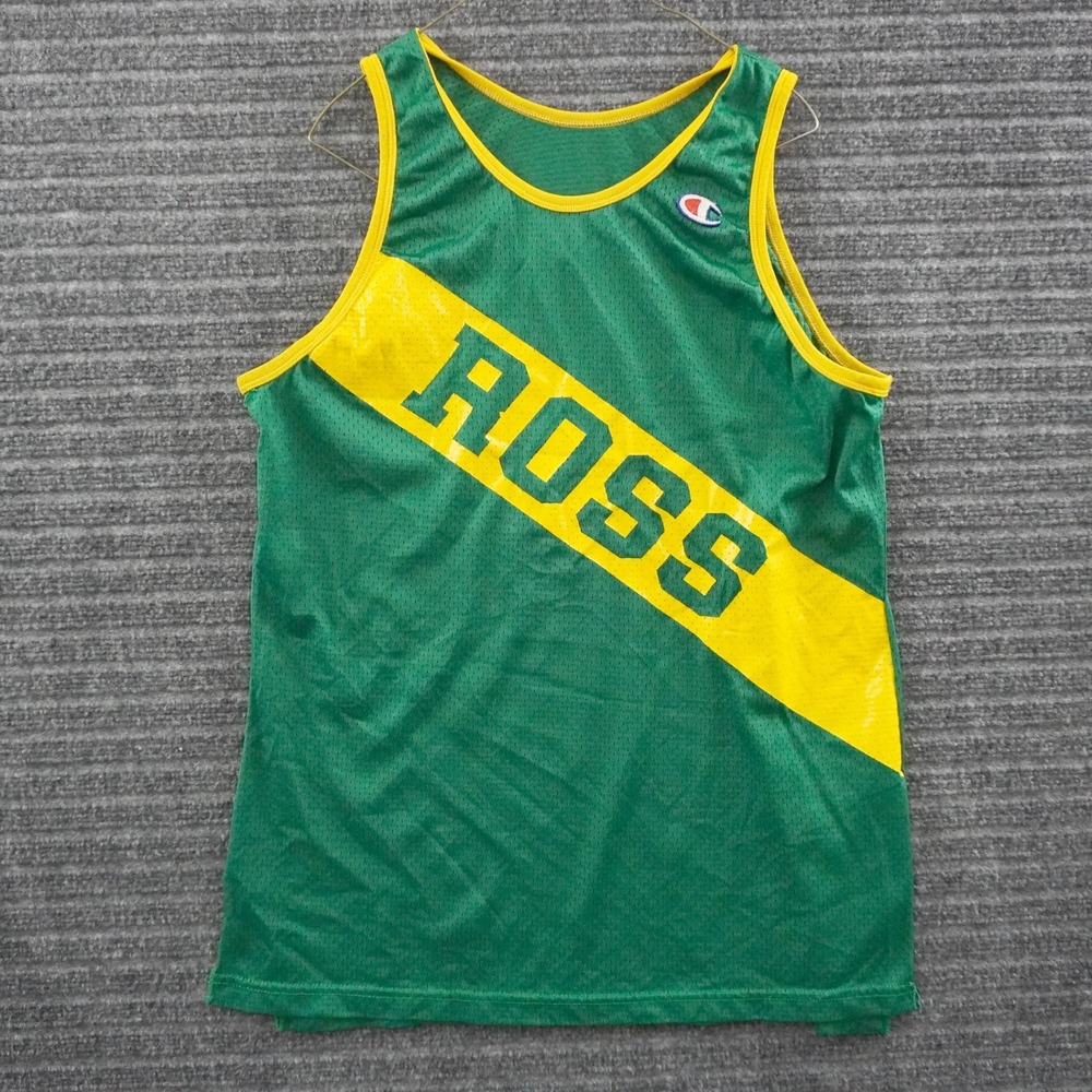 Vintage 80s Champion Tank Top Mens Medium Green Ross Mesh Jersey
